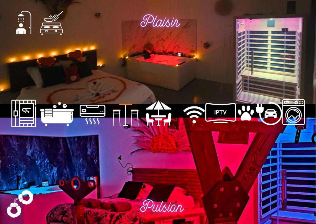 a room with a bed with pink lights and a room with a bed at Maisons Plaisir & Pulsion Spa Sauna Privé in Allauch