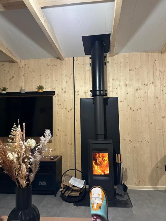 estufa con chimenea en la habitación en Kolokemp pri súkromnom jazere Boldog, en Senec