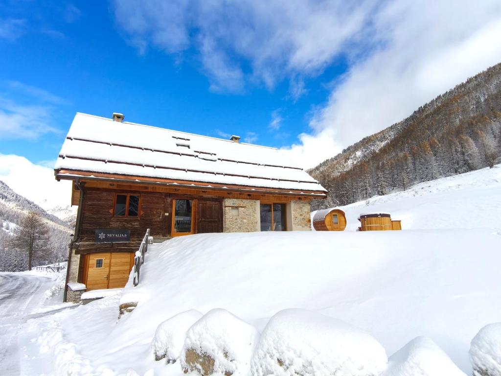 塞拉克Chalet prestige 14 pers au pied des pistes的山中雪覆盖的小木屋