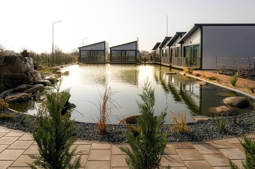 uno stagno in mezzo a un giardino con edifici di Armonia de pe lac a Buzău