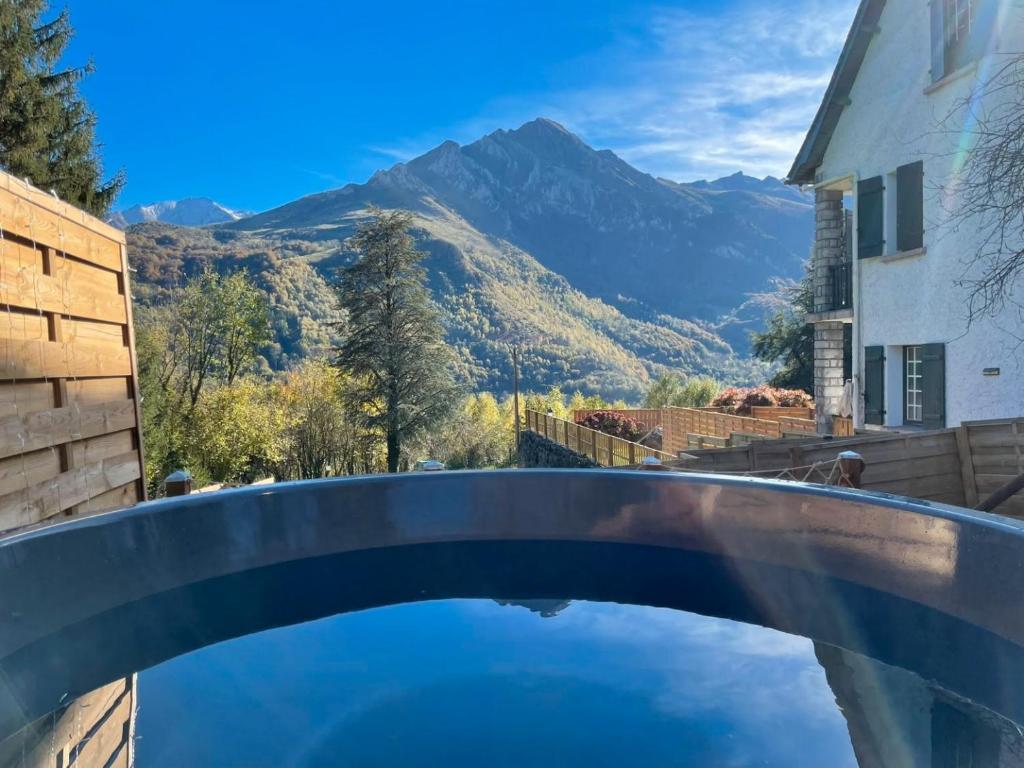 einen Pool mit Bergblick in der Unterkunft Gite le tec, Bain nordique, Sauna in Arrens-Marsous