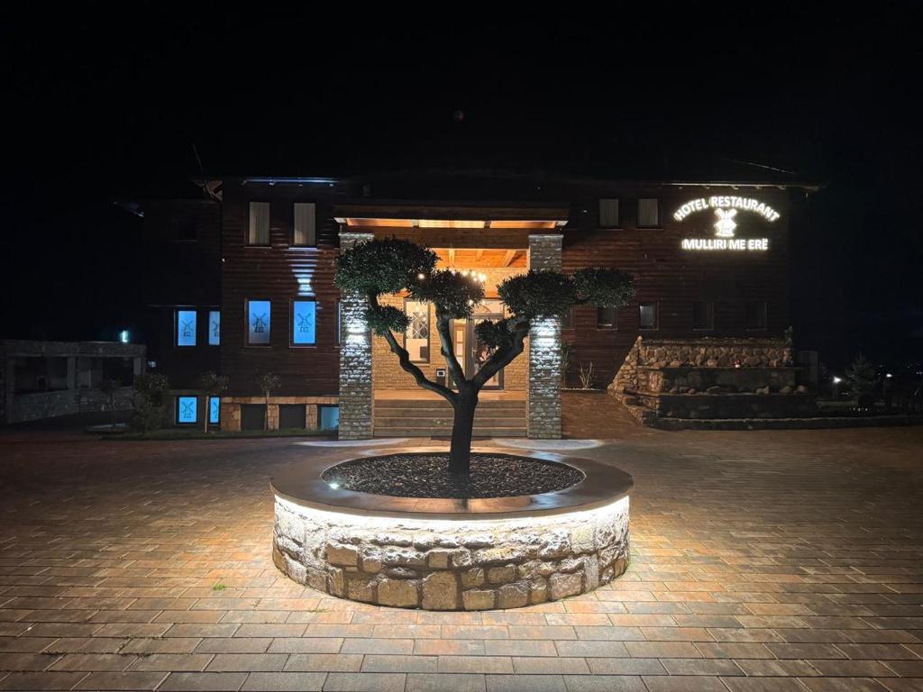 a tree in a fountain in front of a building at Hotel & Restaurant Mulliri me Erë in Rahovec