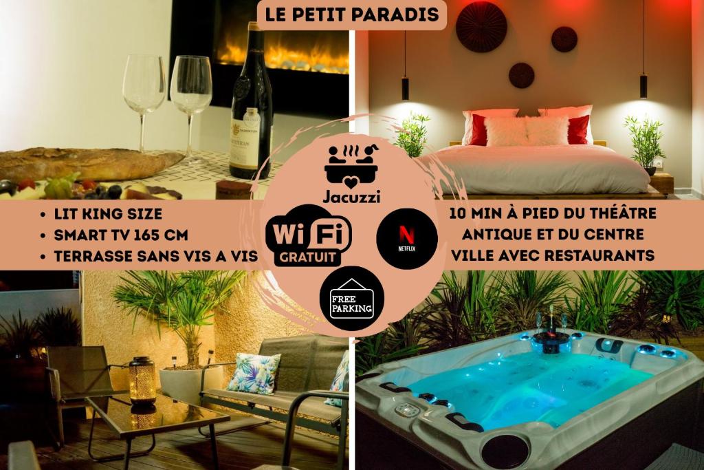 奥朗日Le petit paradis的一张床铺和一个浴缸的房间的照片拼合在一起