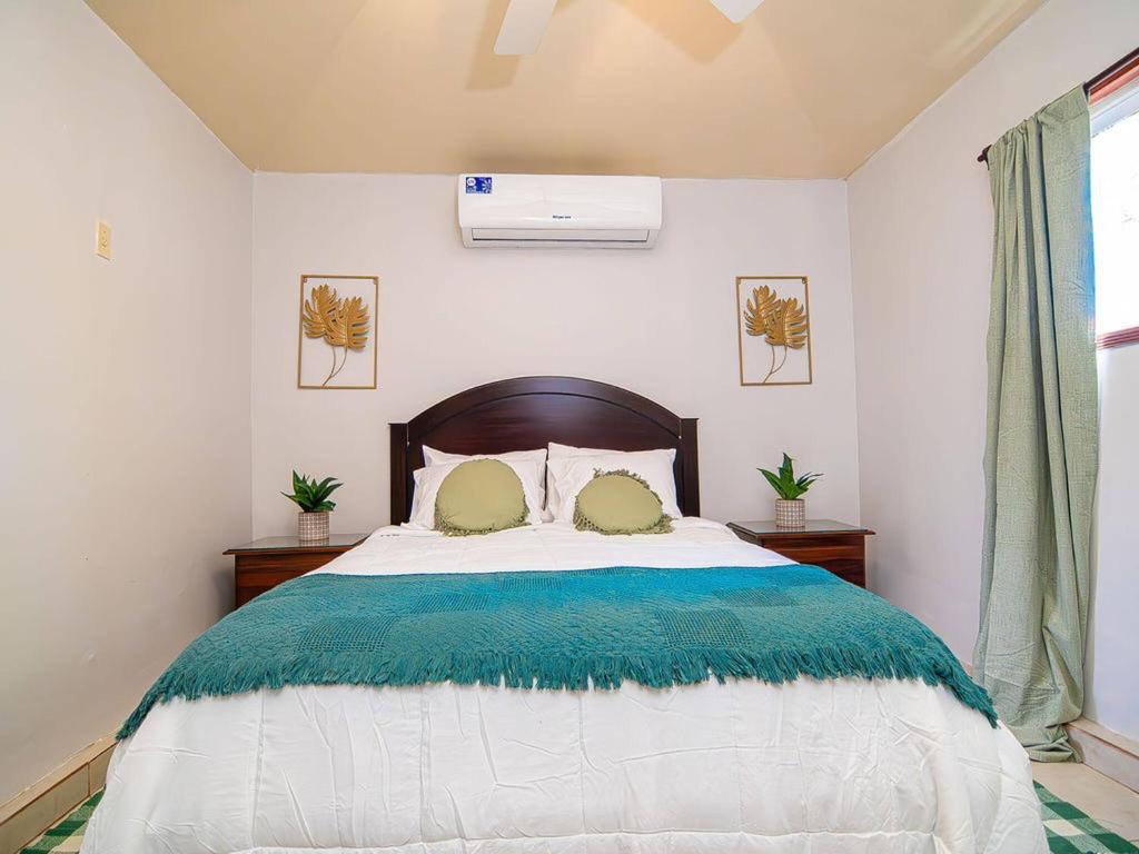 um quarto com uma cama grande com dois travesseiros em Bonsai Rentals - West Bay Private Rooms em West Bay