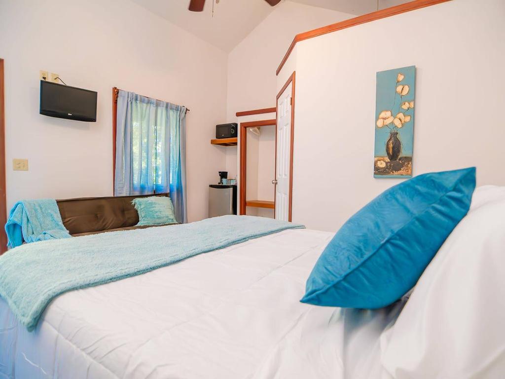 a bedroom with a bed with blue pillows on it at West Bay Room, Pool, Fridge, Shuttle, Dive in West Bay
