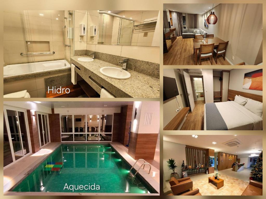 a collage of photos of a hotel room with a pool at Deslumbrante Flat no Serra Class in Canela