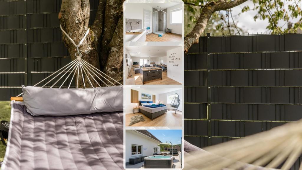 un collage di foto di una casa con un'amaca di Kleeoase - Luxus Apartment- Jacuzzi - Dachterrasse - Kochinsel - kostenlose Parkplätze - See in 10 min a Greifenstein