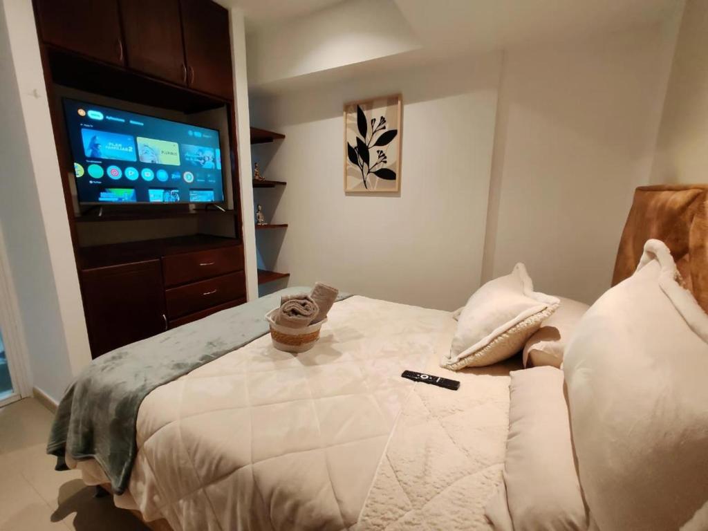 a bedroom with a bed with a tv on the wall at Aparta-estudio acogedor con balcón y parqueadero junto a la UPTC, Tunja in Tunja