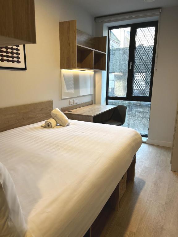 un grande letto in una stanza con una grande finestra di Queen Street Place a Galway