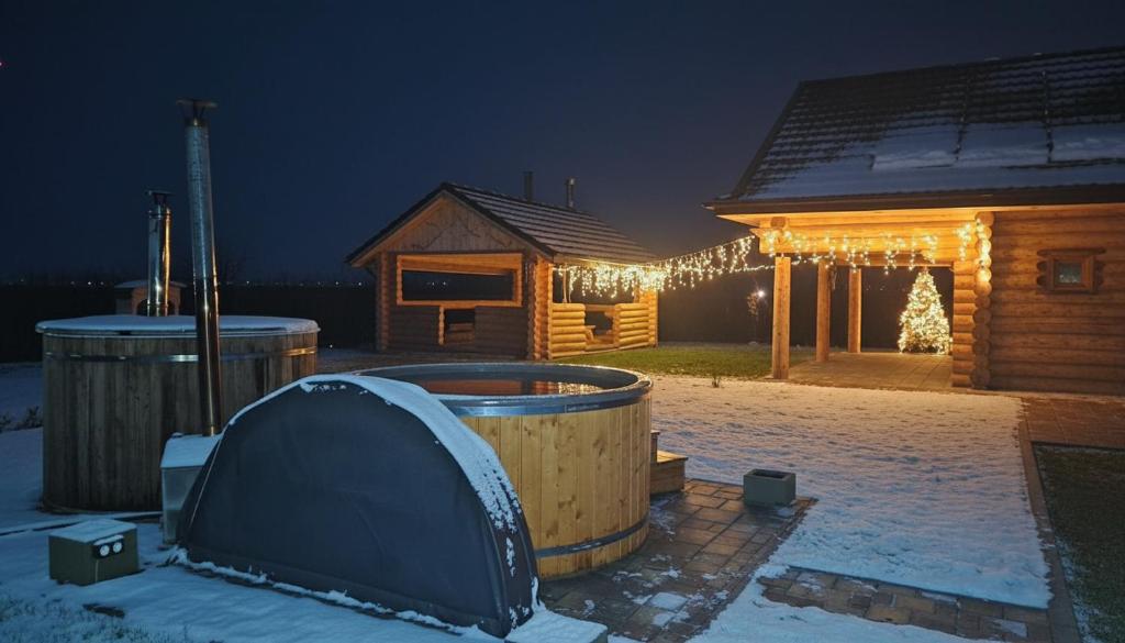 a gazebo with a hot tub in the snow at night at Drevenice Rapovce Novolandia in Rapovce