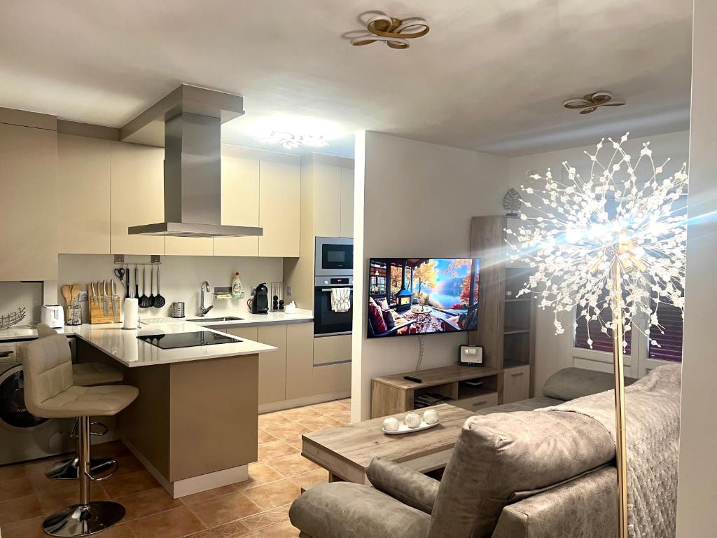 a kitchen and living room with a couch and a tv at Sweet Floor in Negreira