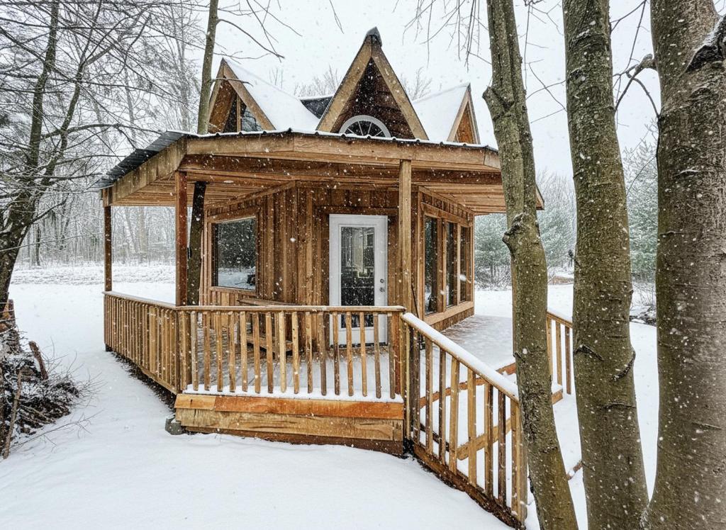 uma cabana de madeira na floresta na neve em Glamping Getaway Hike, Grill, Space To Gather em Delhi