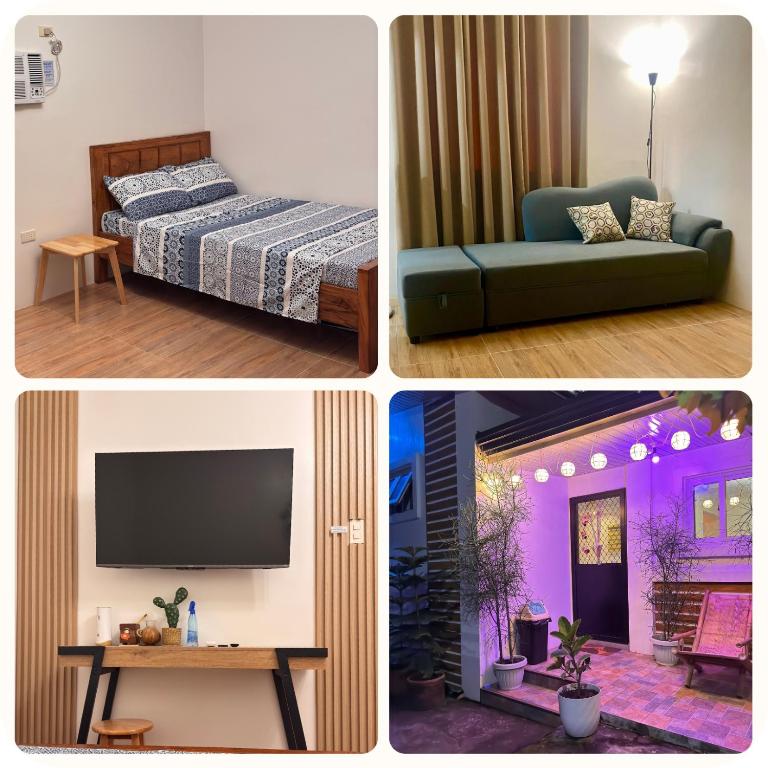 three pictures of a room with a bed and a tv at Casa Tres16 - Your Private Cozy Retreat in Pilar