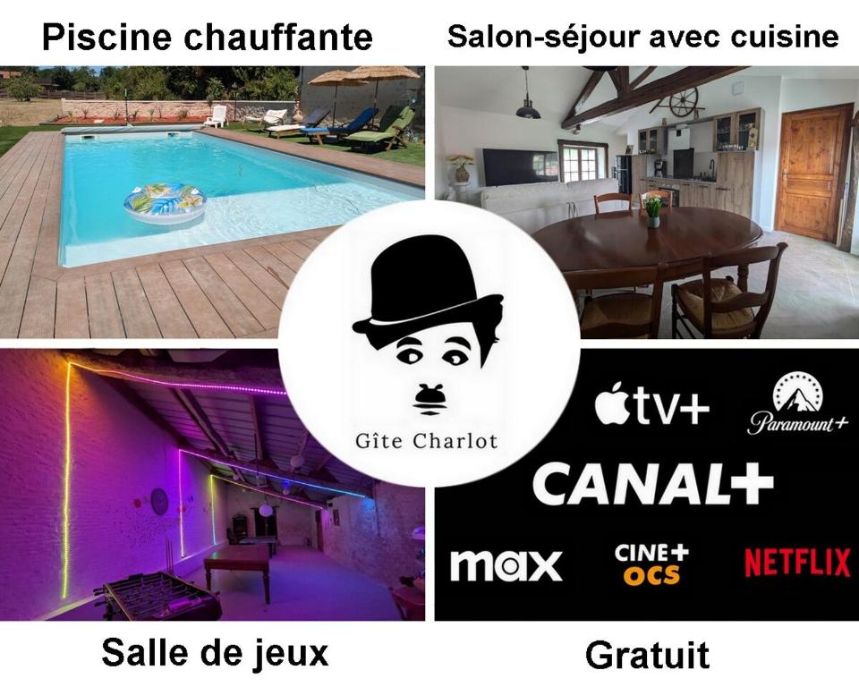 a collage of pictures of a house with a pool at Gîte Charlot - Proche Futuroscope Aquascope in Migné-Auxances