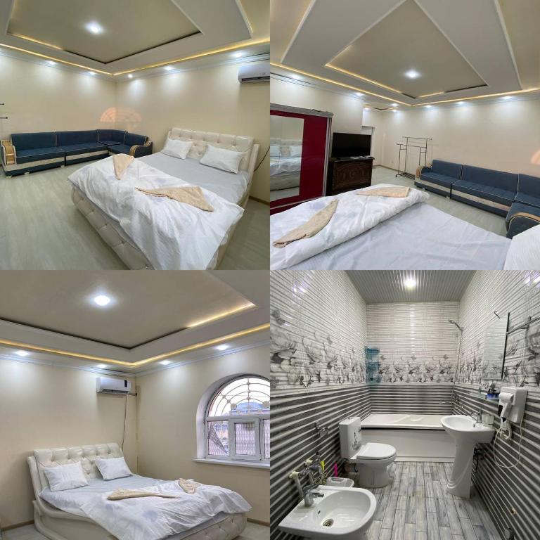 three pictures of a room with two beds and a bathroom at Хостел Истиклол in Fergana