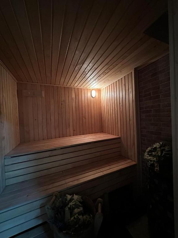 佩列亚斯拉夫-赫梅利尼茨基Будинок з сауною та чаном的木制桑拿房顶部有灯