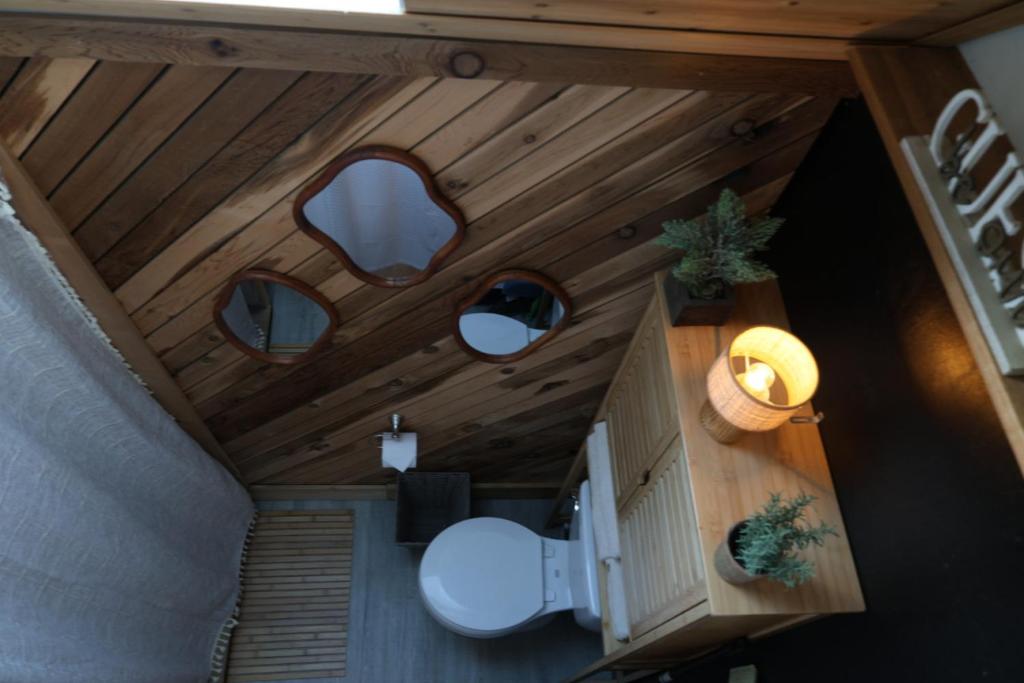 a room with a toilet and a wooden ceiling at Mountain Hike, Firepit & Farm Animals in Gilmanton