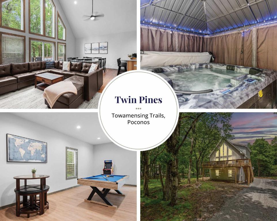 a collage of photos of a home with a hot tub at Twin Chalet 6 BDs Hot Tub Game Area and more in Albrightsville