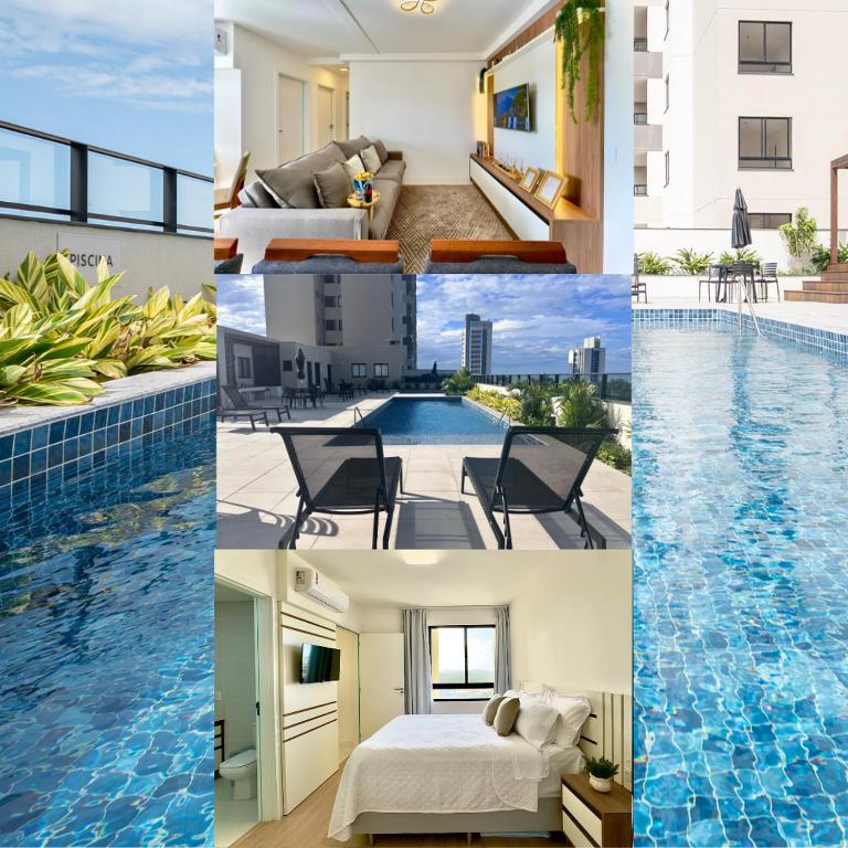 a collage of photos of a hotel with a swimming pool at Apto Penha a 300M PRAIA 8 min do BETO CARREIRO com PISICNA, sacada com CHURRASQUEIRA privativa, AR CONDICIONADO Wi Fi, PORTARIA 24h,vaga privativa de GARAGEM in Penha