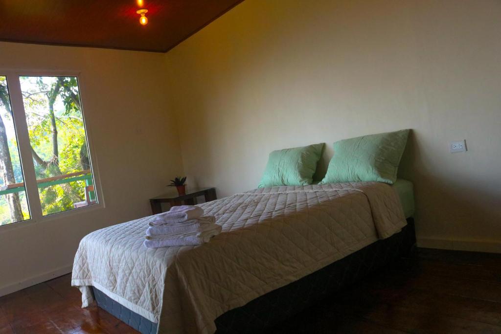 Un dormitorio con una cama con almohadas verdes y una ventana. en Cabañas La Puerta Del Angel, 