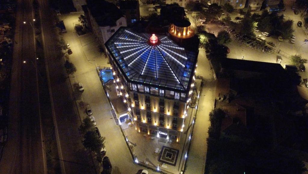 an overhead view of a large building with lights at Kaya Palas Hotel in Kırklareli