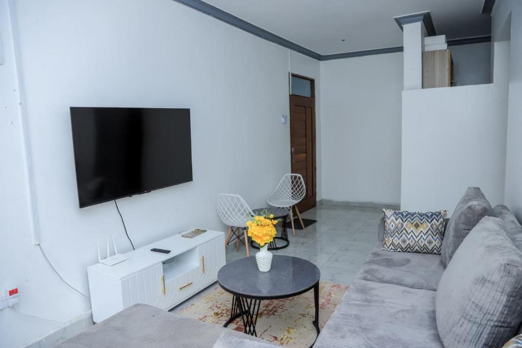 蒙巴萨FinchPAR Homes的客厅里有一张沙发，墙上有一台电视