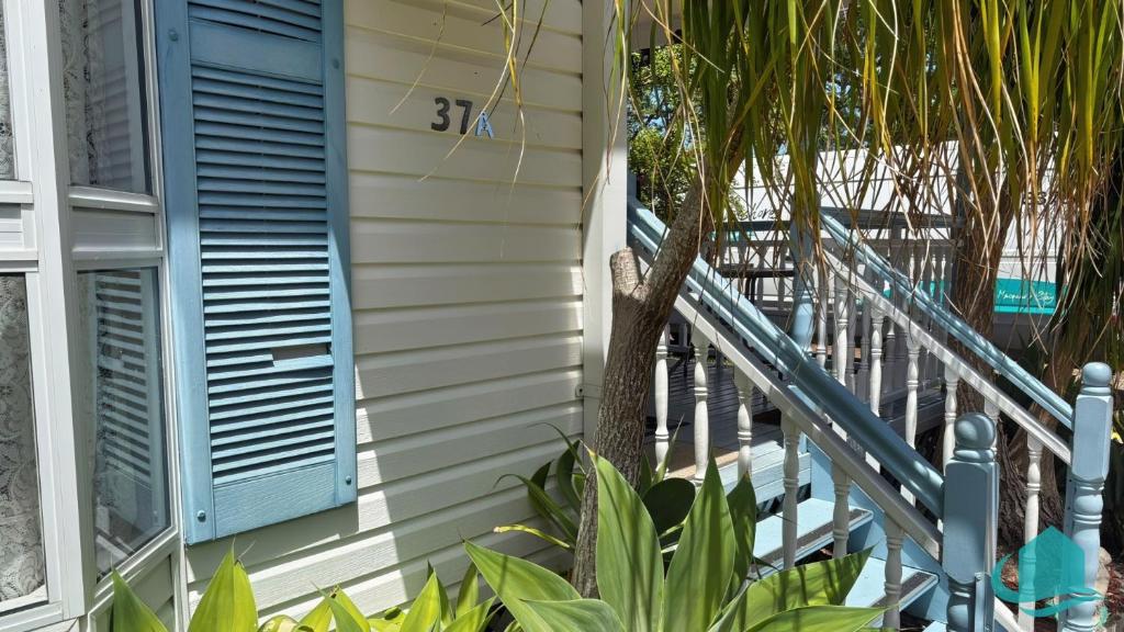 una casa con una finestra blu e una scala di Bromyard Cottage a Swansea