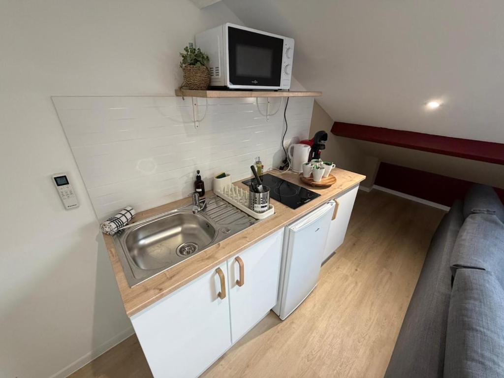 mała kuchnia ze zlewem i kuchenką mikrofalową w obiekcie T2 Neptune x4 people NEW Gare parilly w mieście Vénissieux