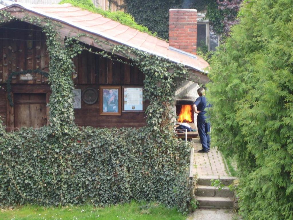 a man standing outside of a house with a fireplace at 4 Michael Weiß Comfortable holiday residence in Reinhartsmais