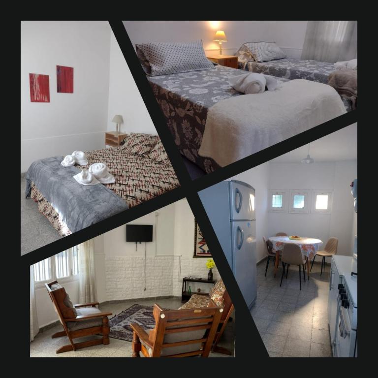 three pictures of a room with two beds and a dining room at Casa Tina in Neuquén