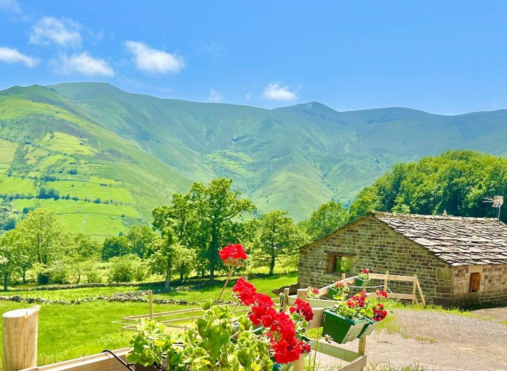 ein Steinhaus mit Blumen vor einem Berg in der Unterkunft Cabaña Los Caballos 