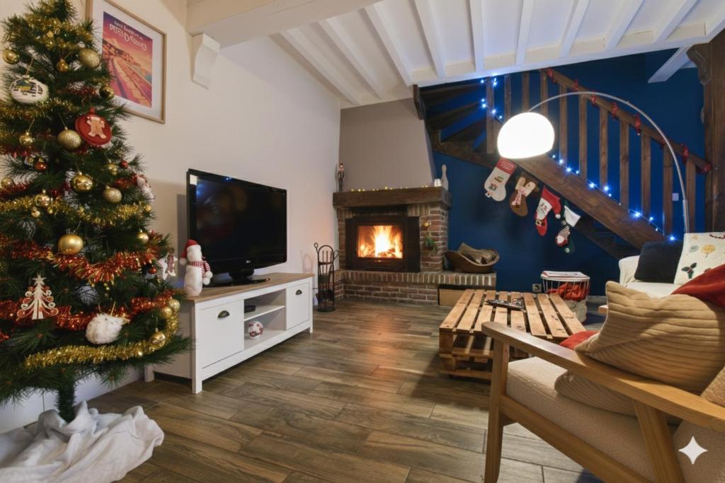 a living room with a christmas tree and a fireplace at Le Cocon Bleu in Saint-Pierre-en-Port