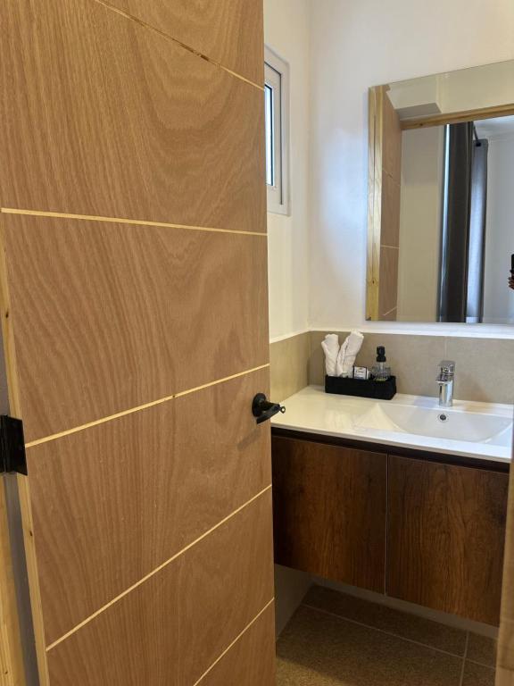 a bathroom with a wooden door and a sink at Agenda Hotel in San Salvador