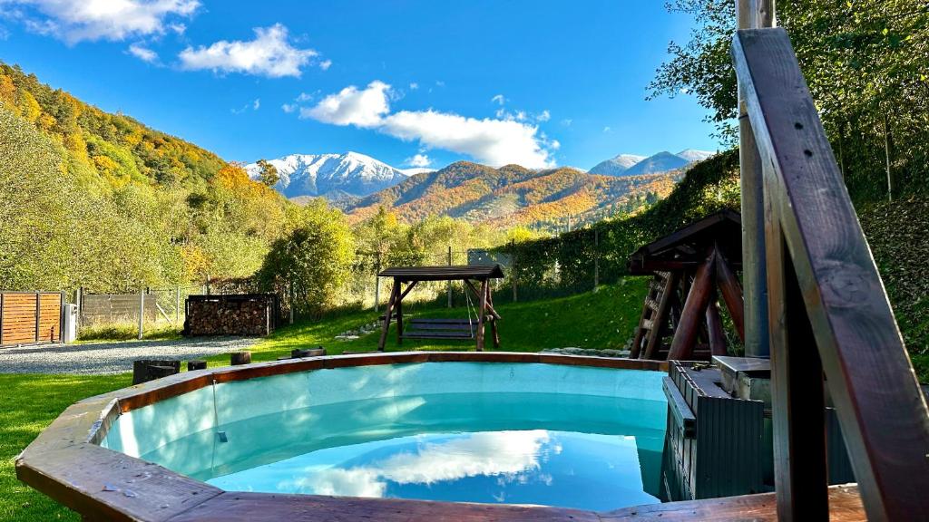 a swimming pool in a field with mountains in the background at The Heaven Sibiu in Sebeşu de Sus