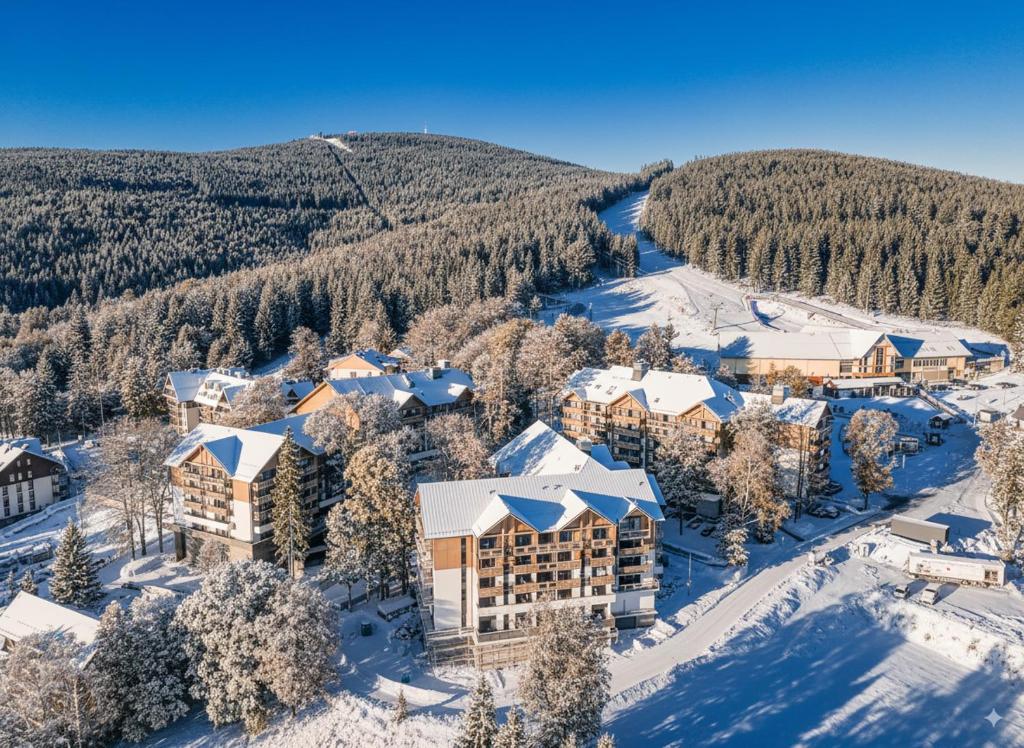 an aerial view of a resort in the snow at Forest Park Resort & SPA in Świeradów-Zdrój