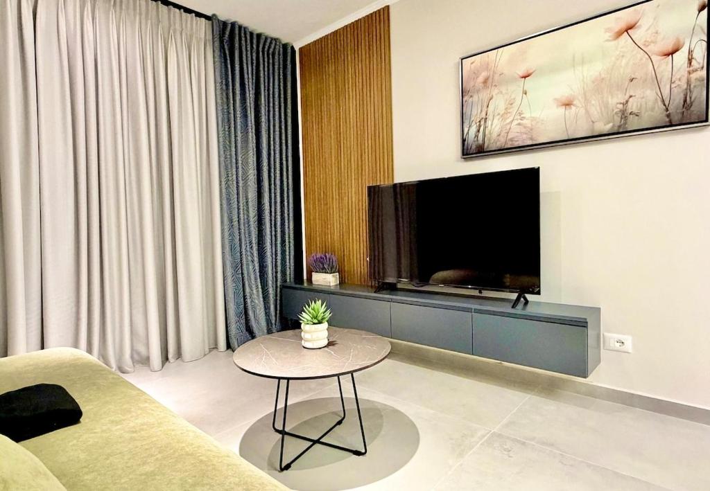 LushnjëTheGrand Stone Executive Apartment Central Lushnje的客厅里有一张沙发和一台电视