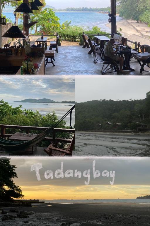 a collage of three pictures of a table and benches at Tadangbay bungalow in Koh Chang Ranong