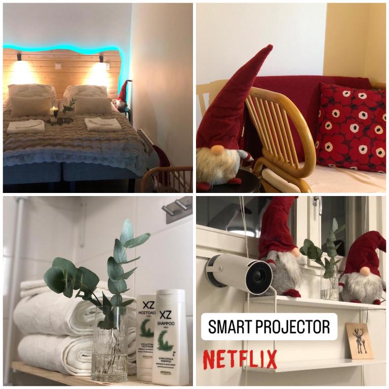 a collage of pictures of a room with a bed and a room with at Elf apartment in Rovaniemi