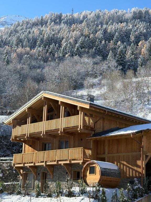 VillarogerSomptueux Chalet 12 personnes - Villaroger的一座带雪地甲板的大型木屋