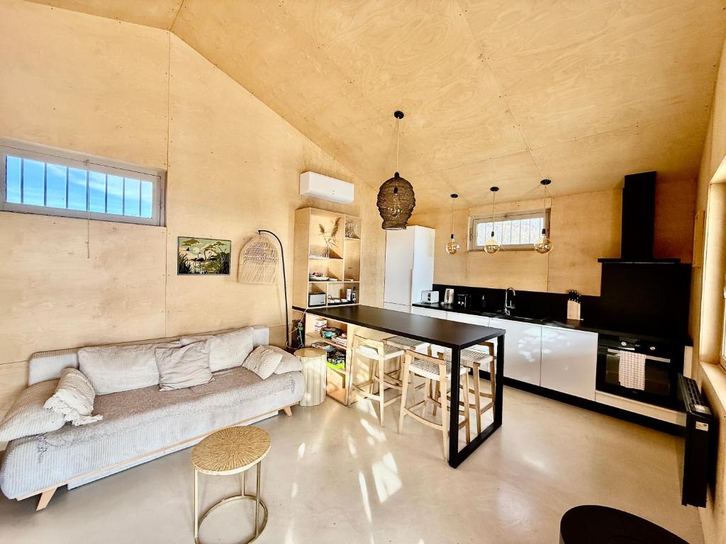 a living room with a couch and a kitchen at La Cabane du Pêcheur, Clim et bord d'étang! in Pérols