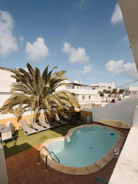 a pool on the roof of a building with a palm tree at Surf&Sleep in Corralejo