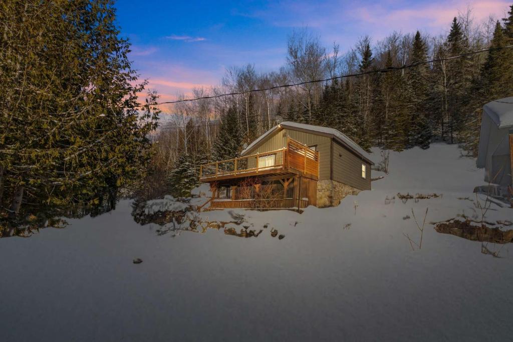 a house in the snow in the woods at Lakeside & Private dock - Le Suisse d-Entrelacs in Entrelacs