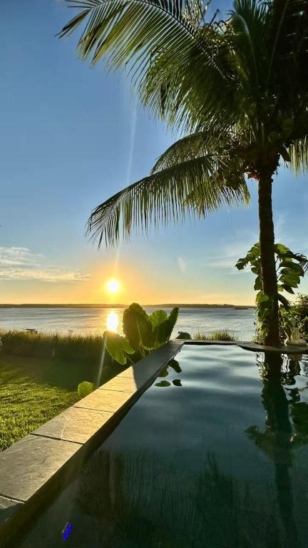 a swimming pool with a palm tree and the ocean at Pipa Sunset Home in Pipa