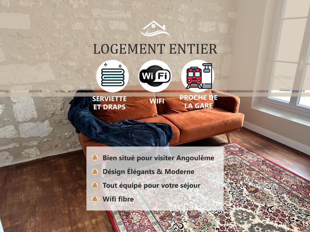 昂古莱姆Un refuge charmant derrière la gare的带沙发的客厅的标志