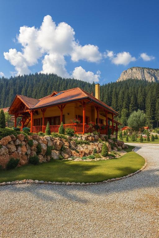 a log cabin with a stone wall in front of a house at Lacu Roșu Mountain Lodge in Lacu Rosu