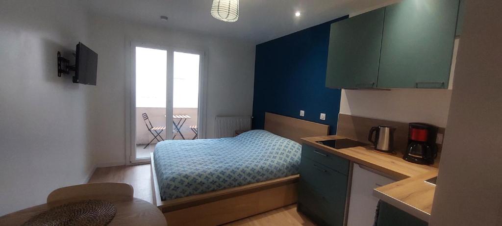 艾克斯莱班Studio Aix-les-Bains的一间带床和窗户的小卧室