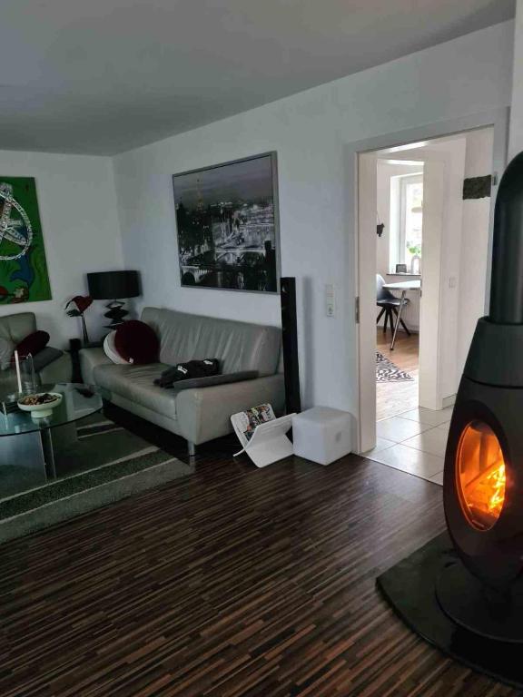 a living room with a couch and a fireplace at Ambiente in Mehren