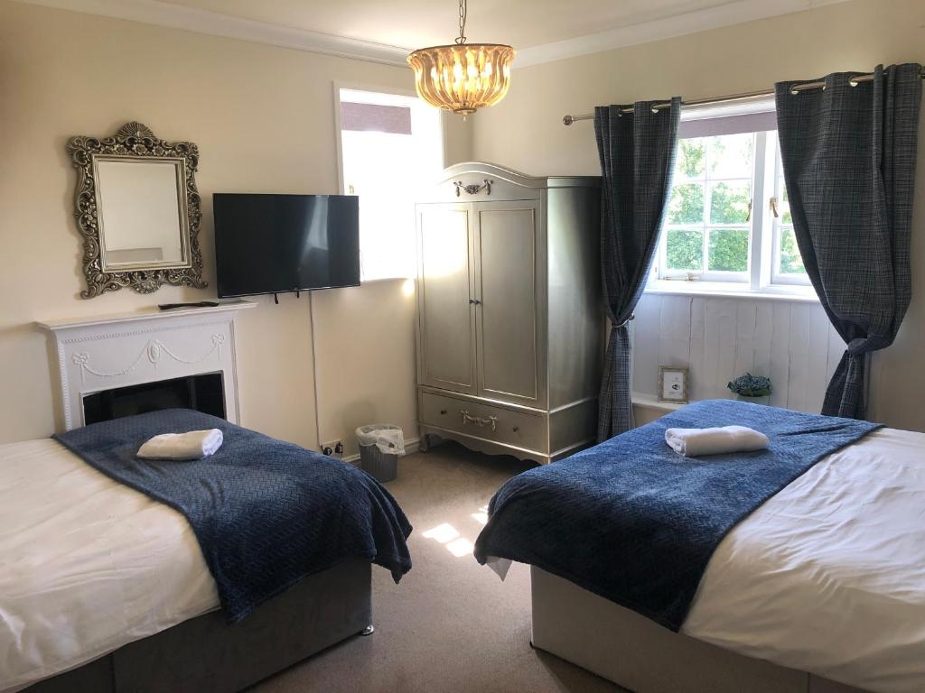 St Annes House Double Room 5 في بلايموث: غرفة نوم بسريرين وتلفزيون ومدفأة