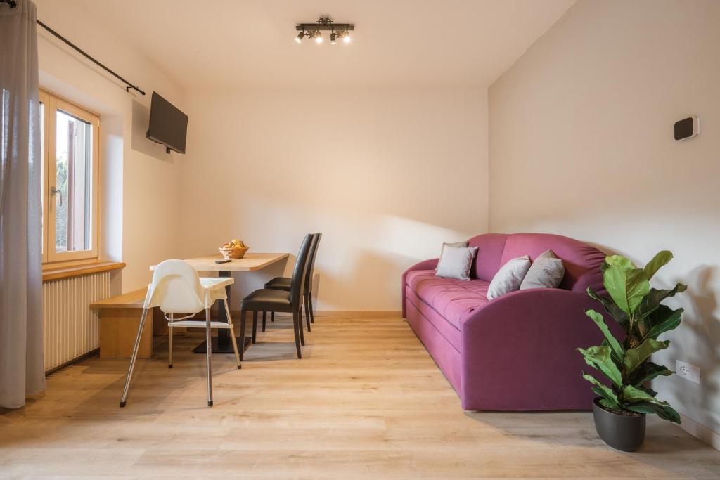 San Nicolò di ComelicoAl Piol的客厅里有一张紫色的沙发和一张桌子