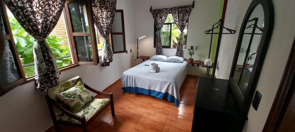 埃斯孔迪多港Casa Helechos的一间卧室，里面有一张床、一把椅子和几扇窗户。